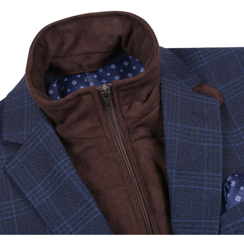 Close-up of Renoir's luxurious Navy Regular Fit Plaid Blazer with bib, showcasing its premium fabric texture.