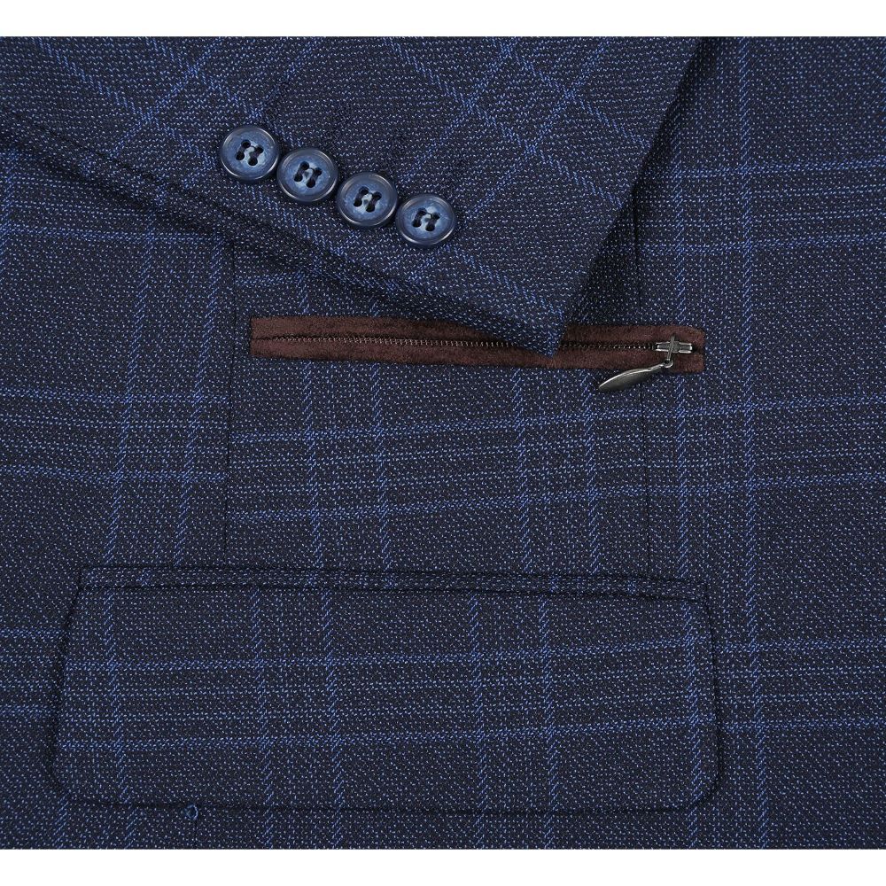 Detail shot of Renoir's premium navy regular fit 2-button plaid blazer, highlighting the quality fabric and bib.