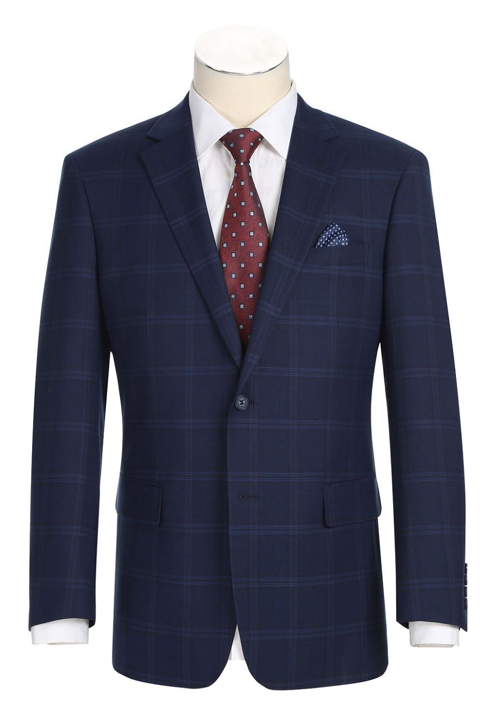 Renoir Blue Regular Fit 2 Piece Windowpane Suit jacket, showing its windowpane pattern and paired with a tie.