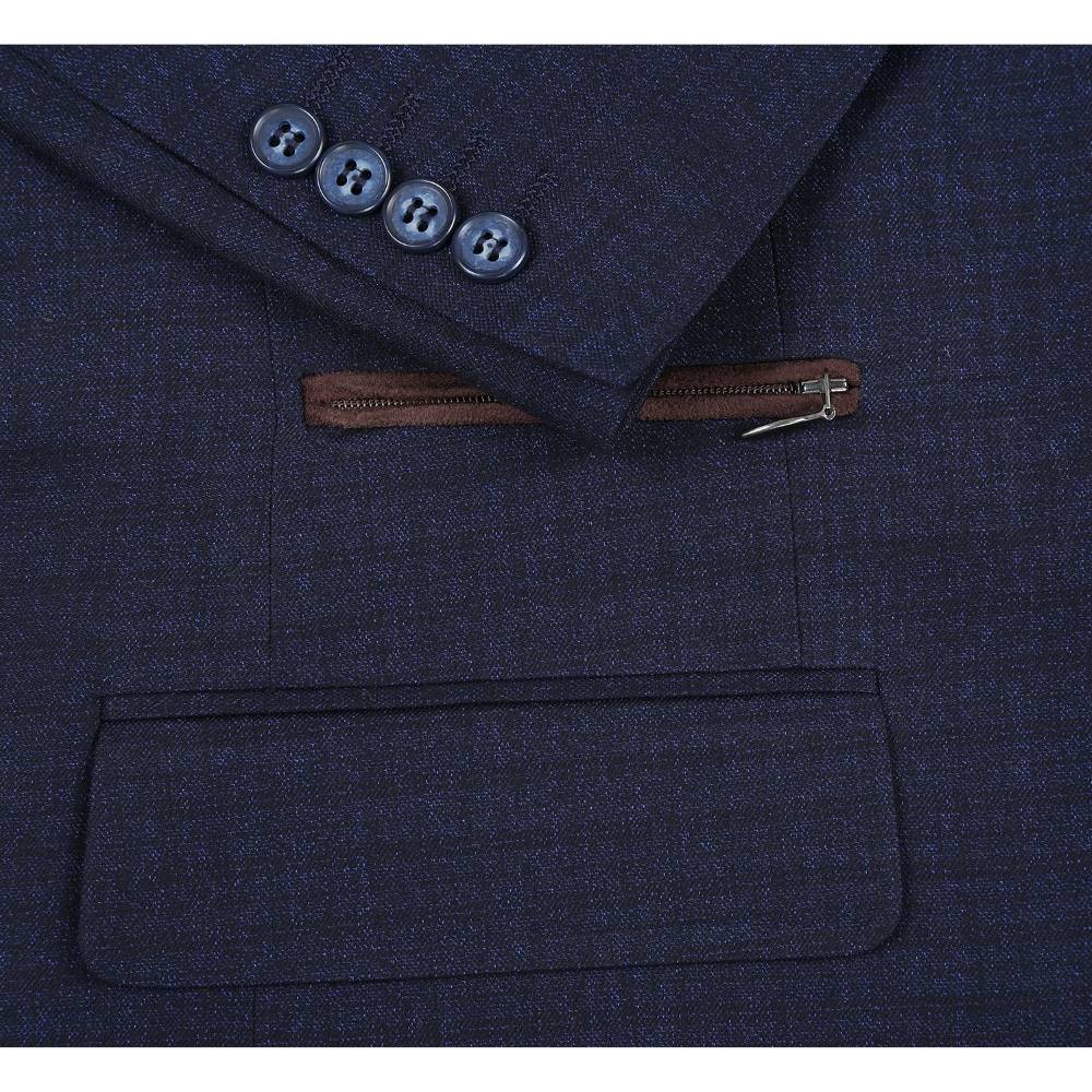 Close-up of a luxurious Renoir navy mini check blazer. Shows refined fabric, two buttons, and integrated bib detail.