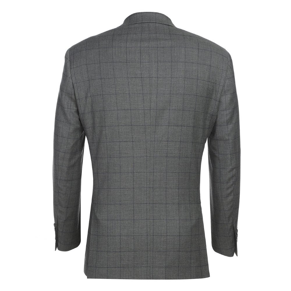 Close-up of Renoir men's luxury slim fit gray check double-breasted suit: fine fabric, lapel, buttons.