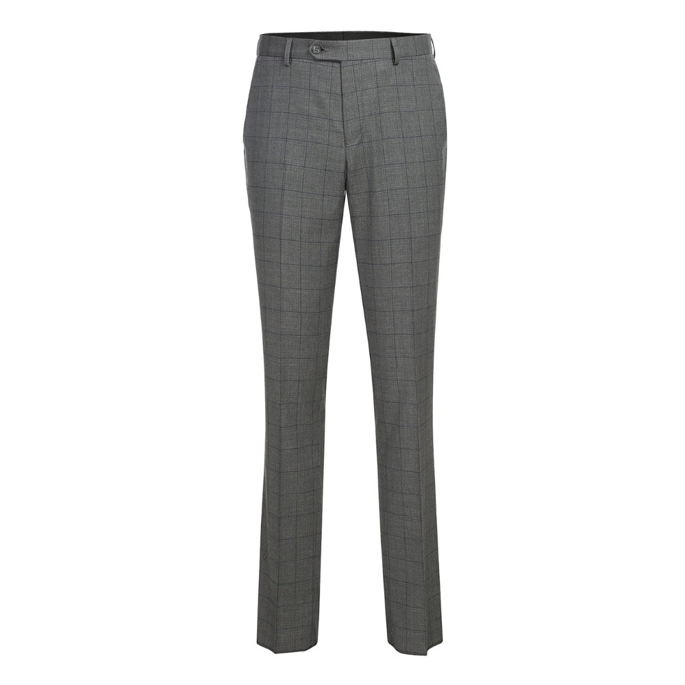 Detail of Renoir luxury slim fit gray check suit pants, showcasing premium fabric and tailored design.