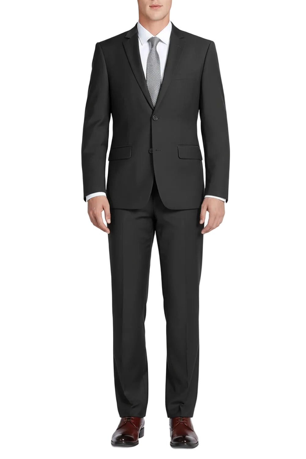 Black suit with a white shirt and tie on a white background