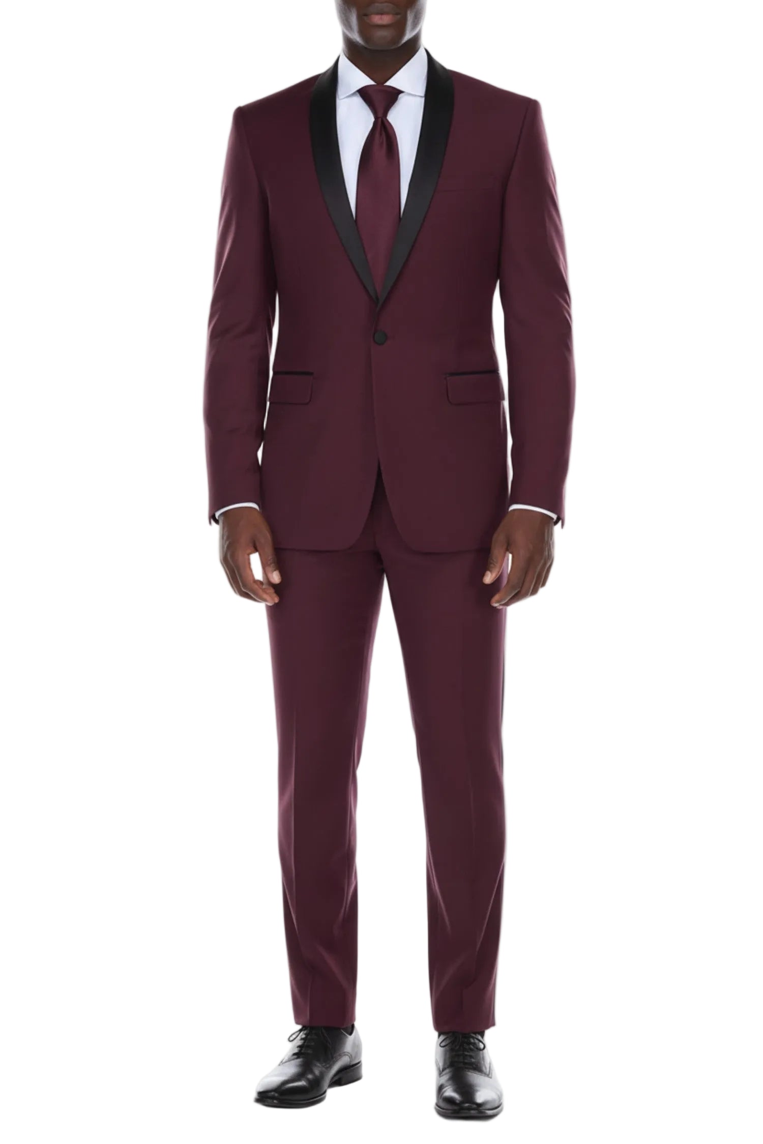 Burgundy suit with black lapels on a white background