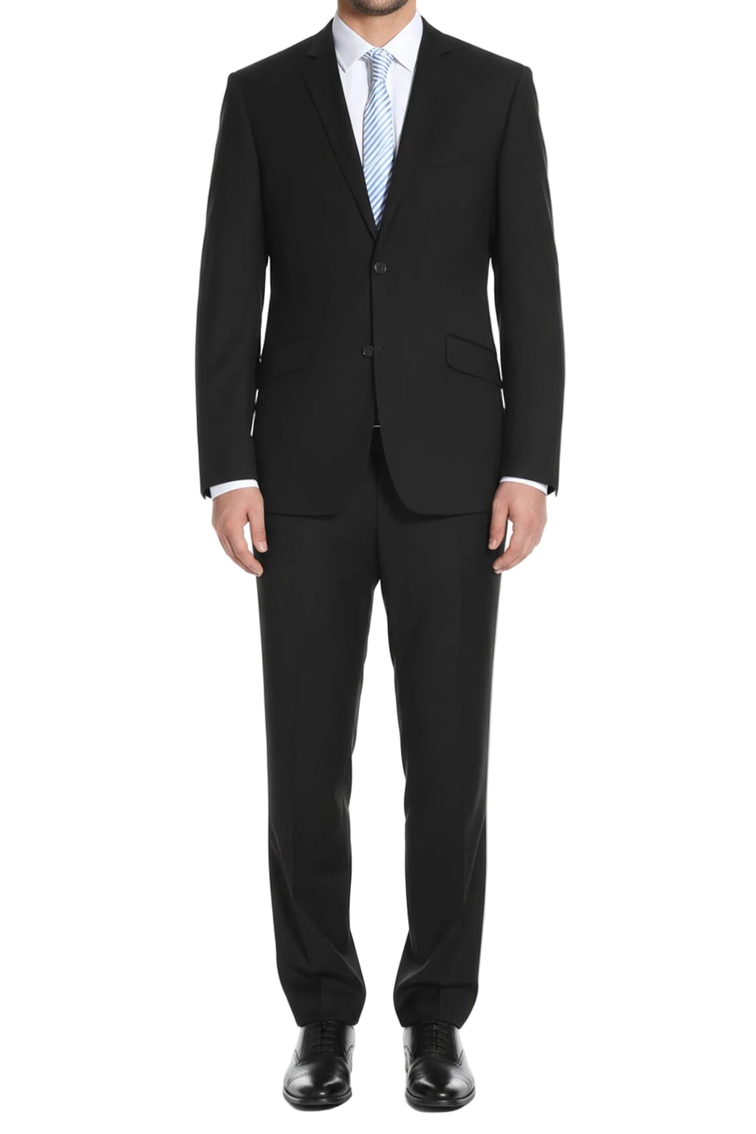 Black suit with a white shirt and black shoes on a white background