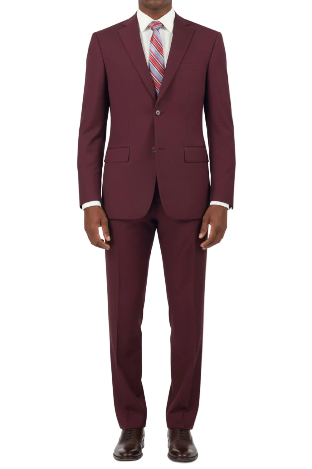 Burgundy suit with a striped tie on a white background