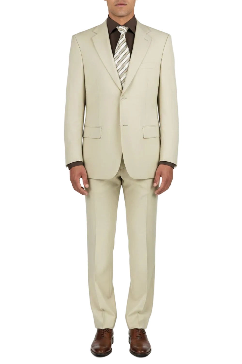 Beige suit worn by a person on a white background