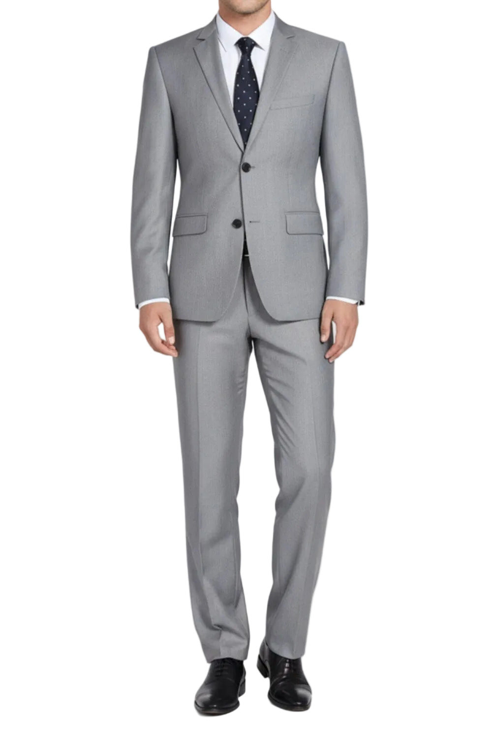 Gray suit with a white shirt and black shoes on a white background