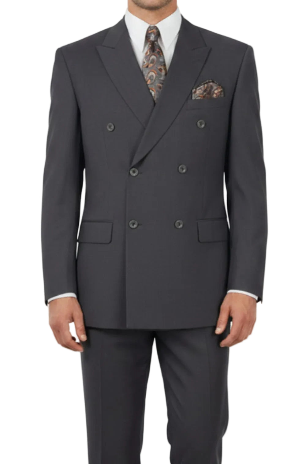 Gray suit with a patterned tie and pocket square on a white background