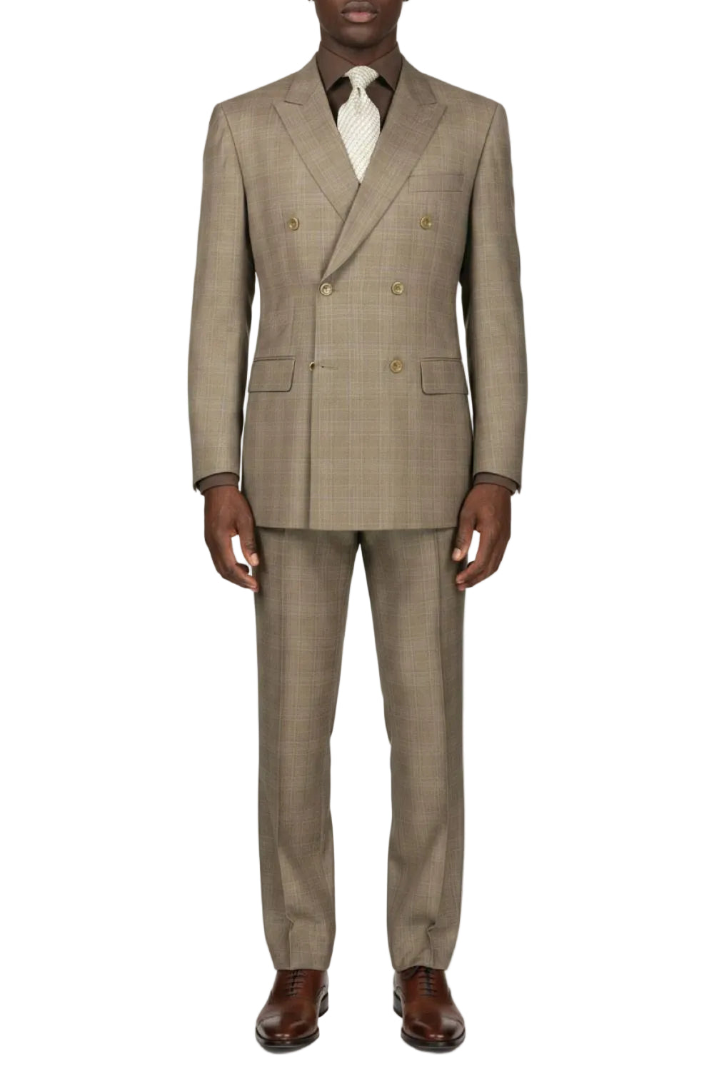 Tan Double Breasted 2 Piece Suit Regular Fit Glen Plaid