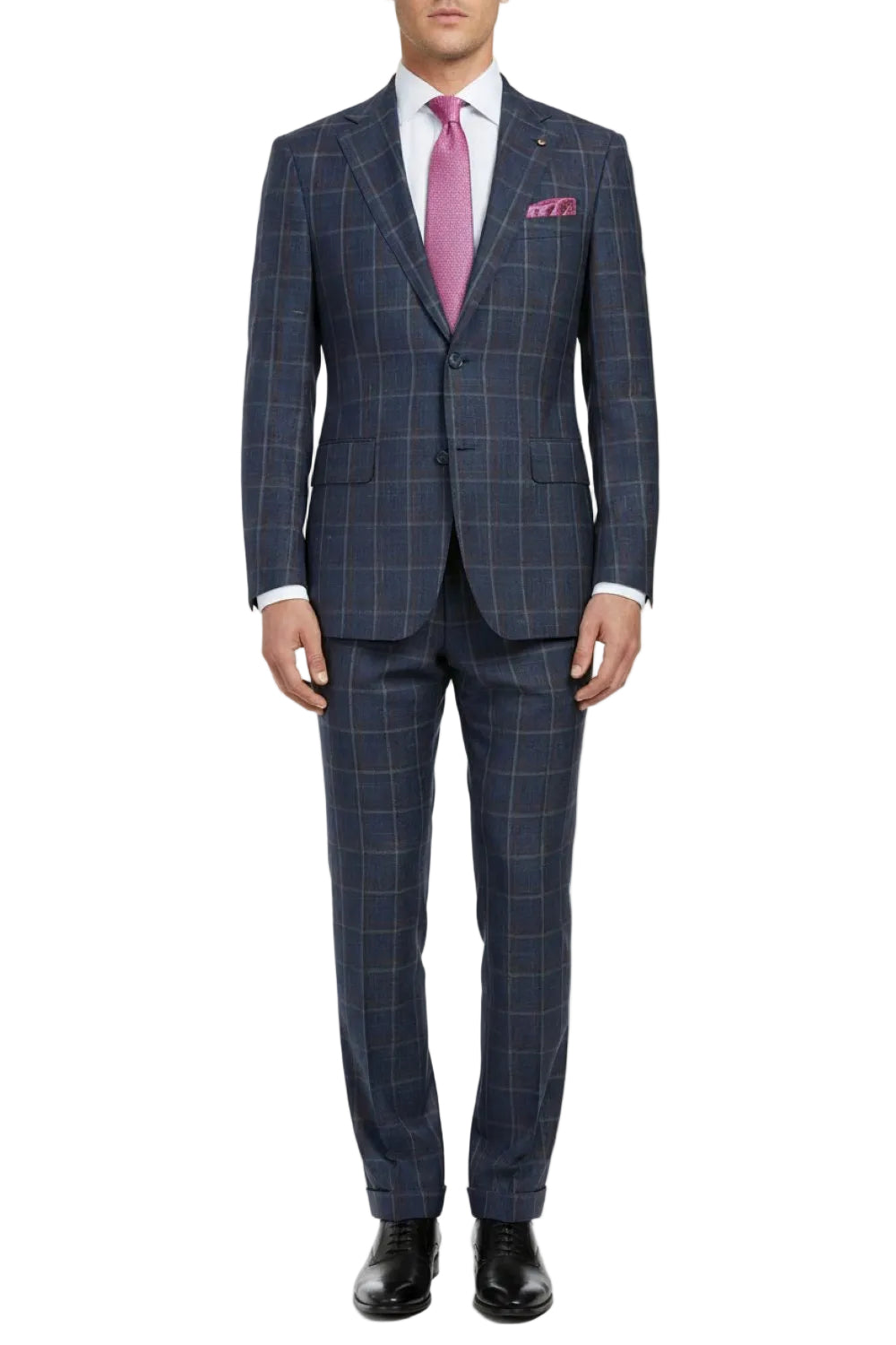 Blue checkered suit with a pink tie and pocket square on a white background