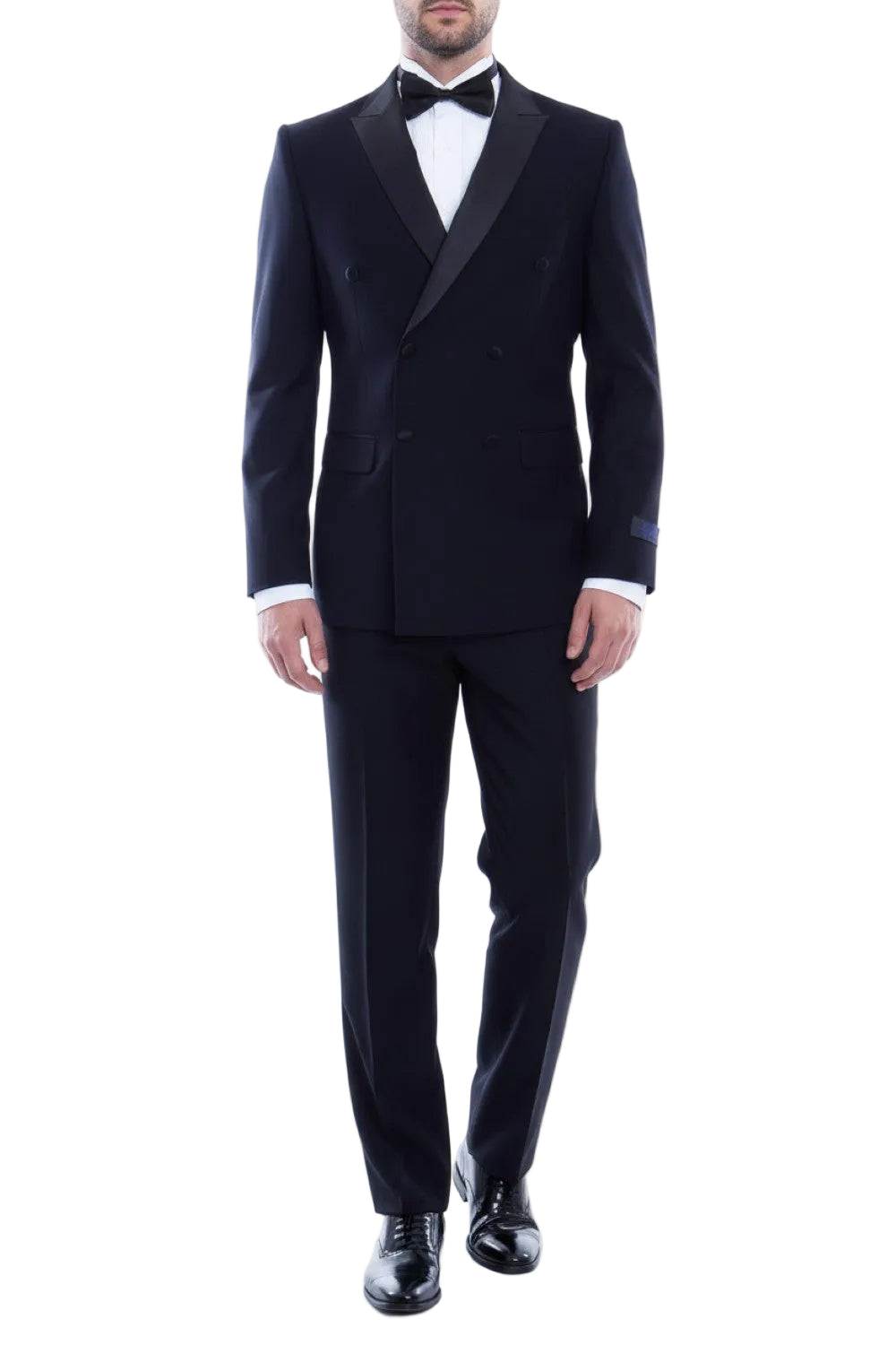 Dark Navy tuxedo with white shirt and black bow tie on a white background