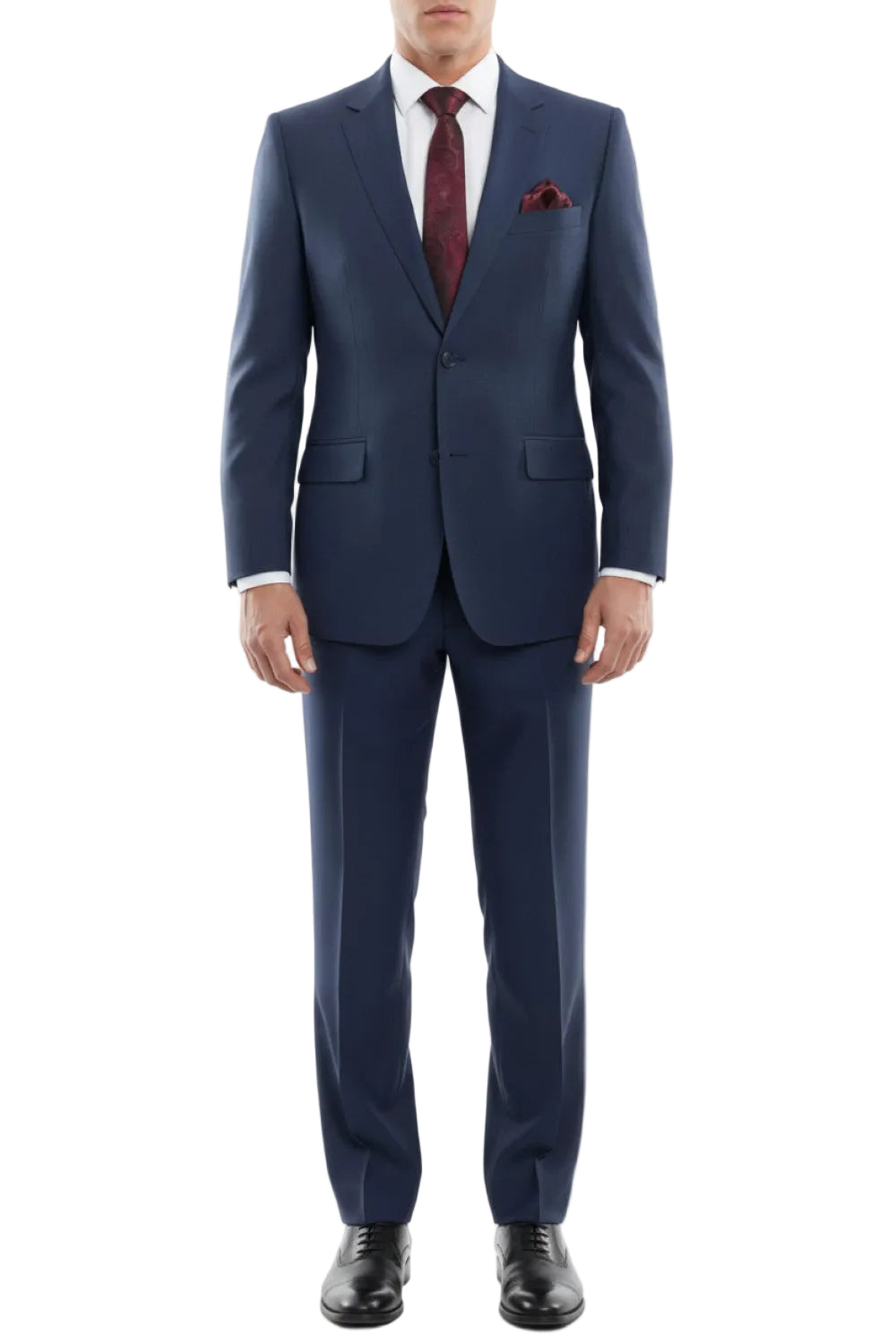 Indigo blue suit with a red tie and pocket square on a white background