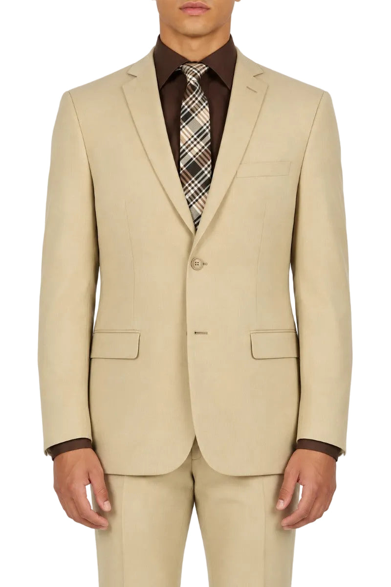 A man wearing a beige two-piece suit with a brown dress shirt and a brown, black, and beige plaid tie, shown from the waist up against a white background.