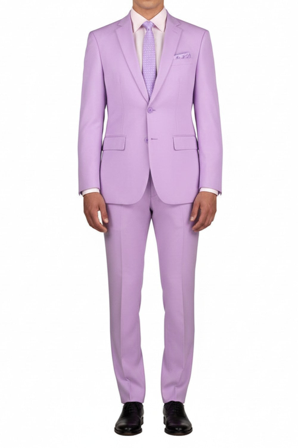 Solid Lavender Slim Fit Men's 2 Piece Business Suit 2 Button jacket, featuring its 2 front buttons and paired with a tie.
