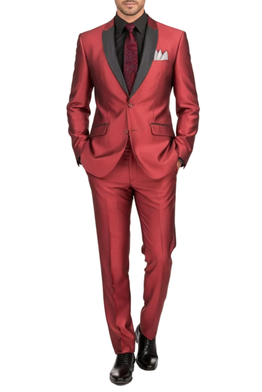 Red suit with black lapels and a matching red tie on a white background