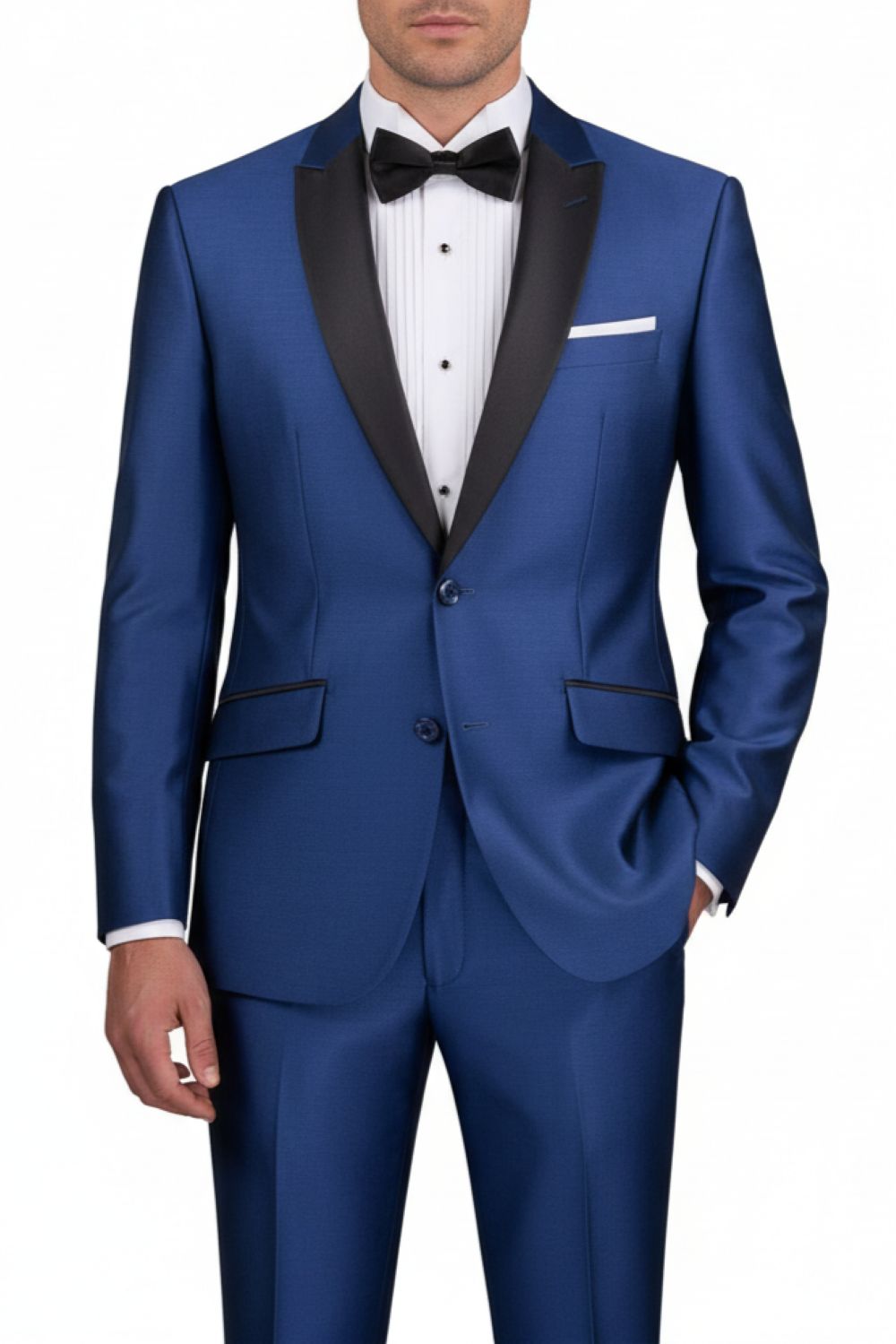 Blue tuxedo with black lapels and a bow tie on a white background