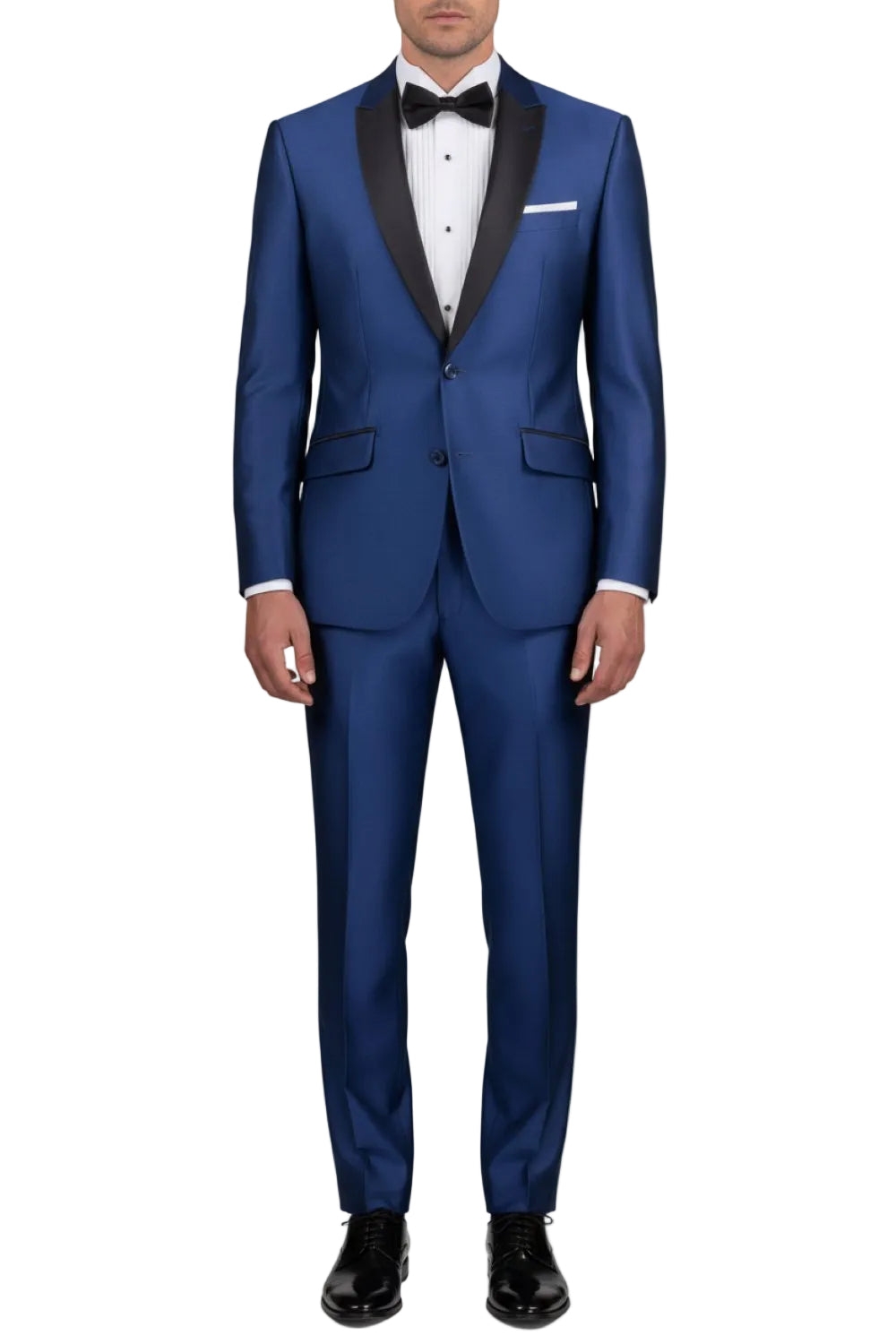 Blue tuxedo with black lapels and bow tie on a white background