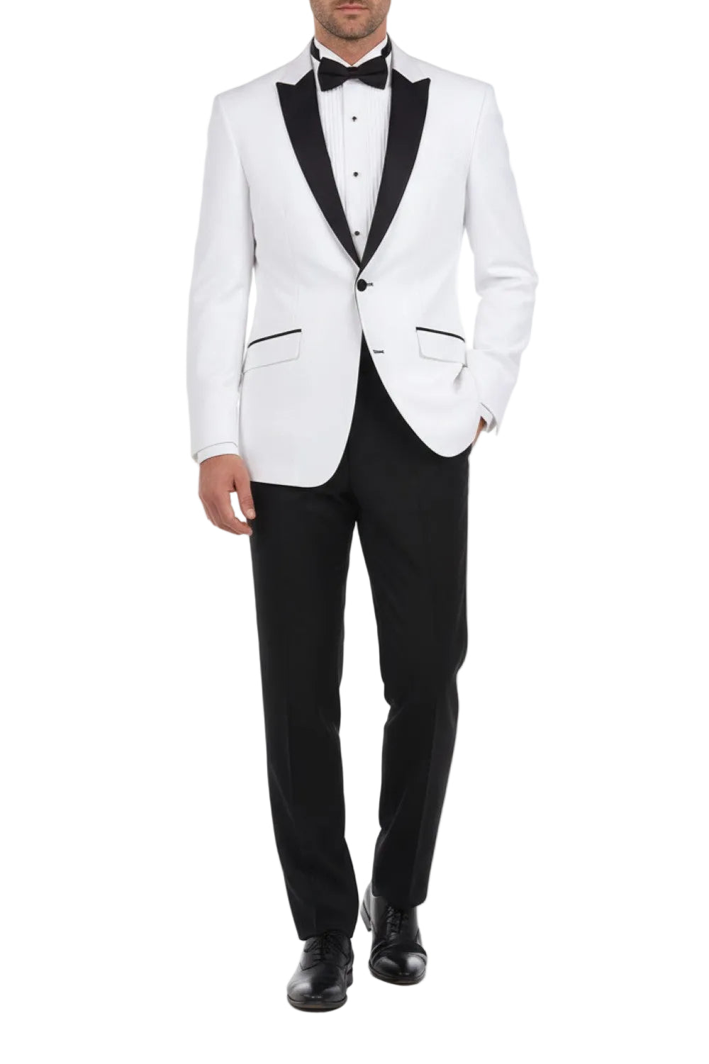 White tuxedo with black lapels and bow tie on a white background