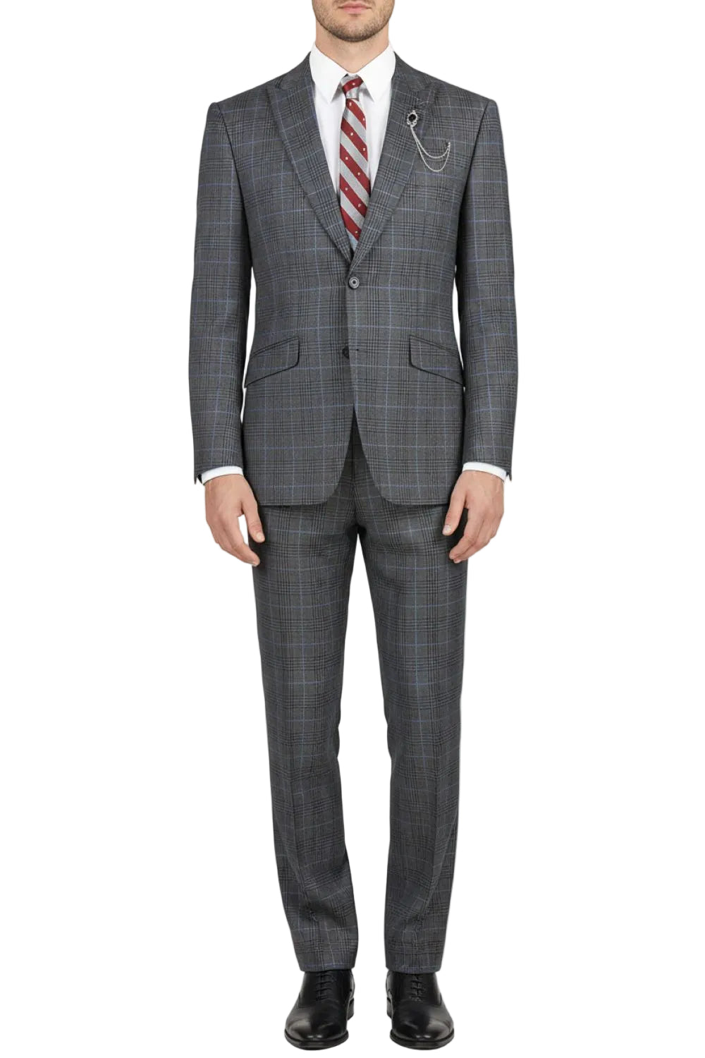 Charcoal Gray checkered suit with a red and white striped tie on a white background