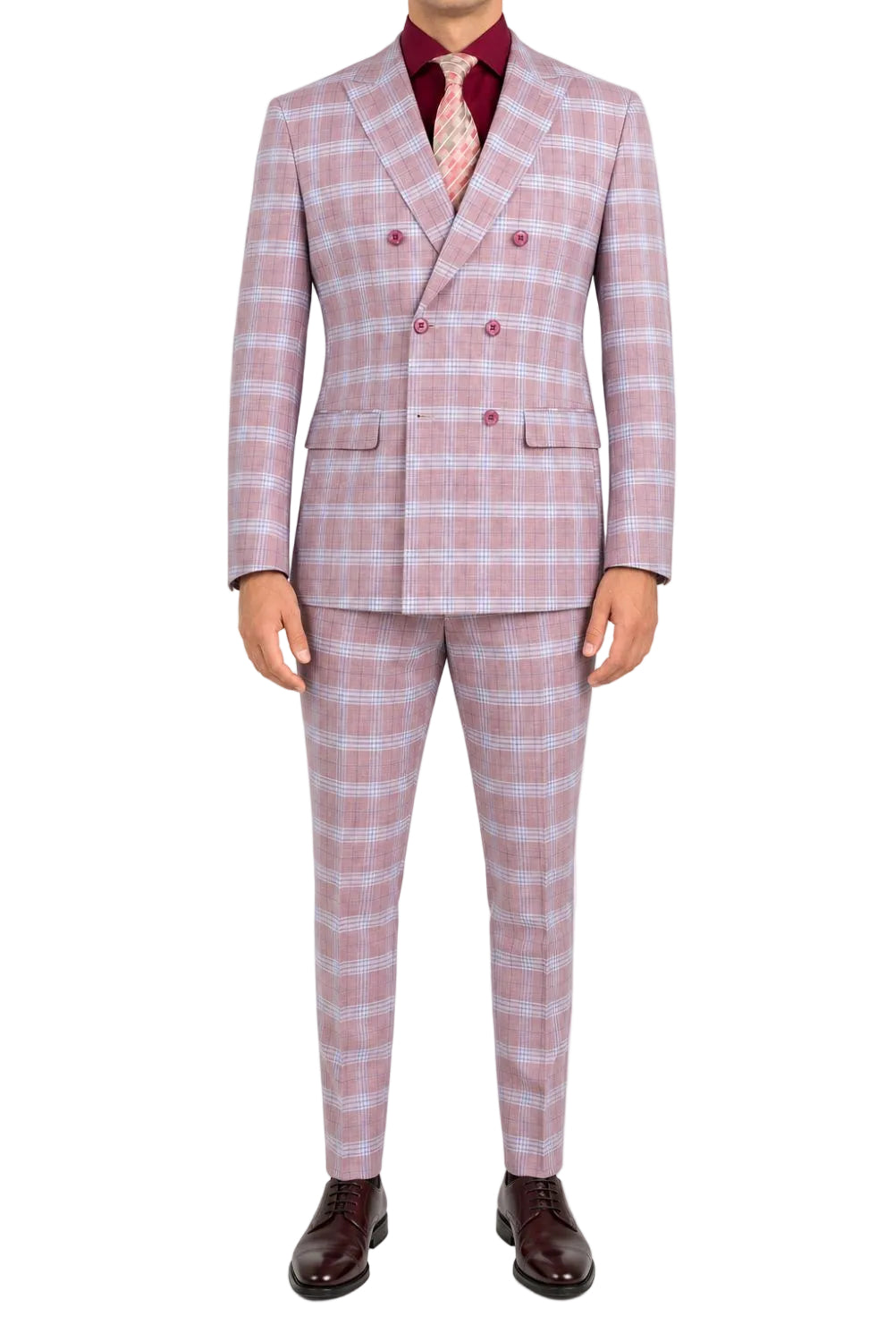 (38S, 44S, 50R) - Slim Fit 2 Piece Double Breasted Windowpane Suit - Adobe Rose