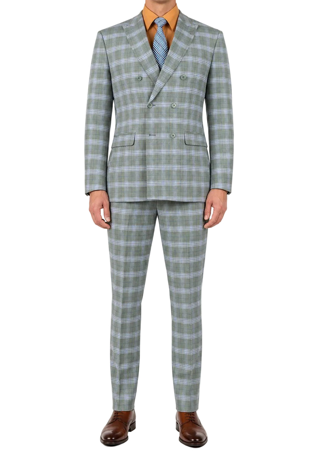 (36R, 48L, 48R, 52L) Slim Fit 2 Piece Double Breasted Windowpane Suit - Sea Grass