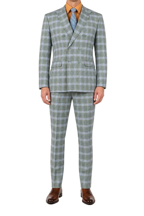 Sea grass slim fit 2 piece men's double breasted windowpane suit