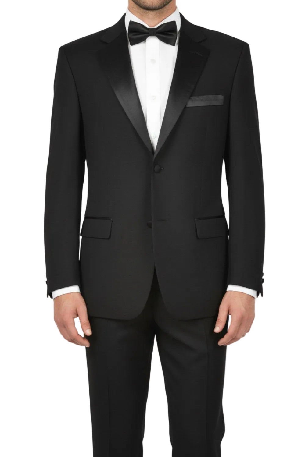 Black tuxedo with white shirt and black bow tie on a white background