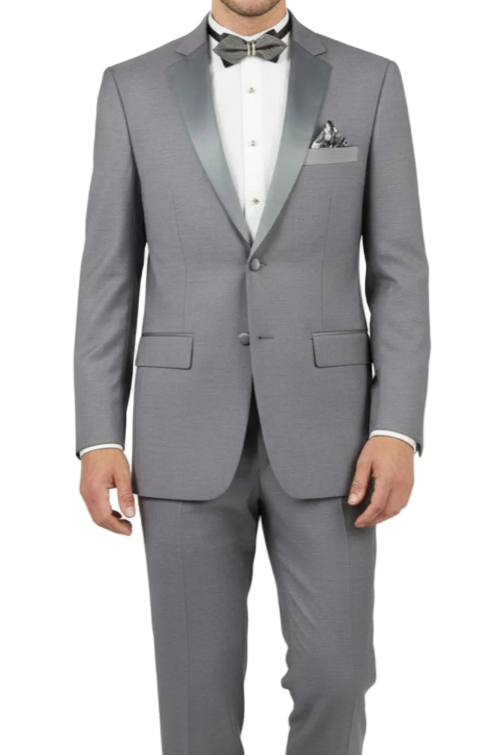 Gray suit with white shirt and bow tie on a light gray background