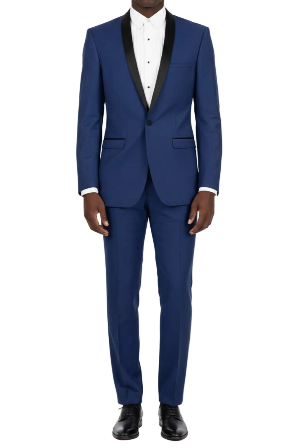 Blue men's slim fit two piece tuxedo with black shawl lapels