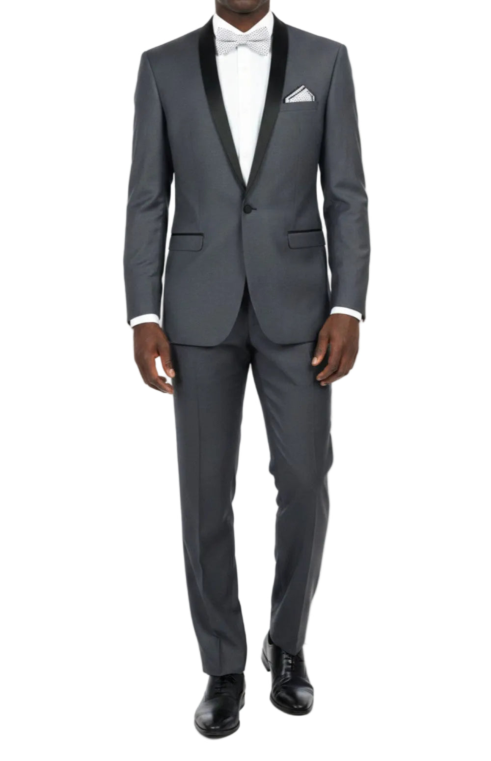 Gray tuxedo with black lapels on a white background
