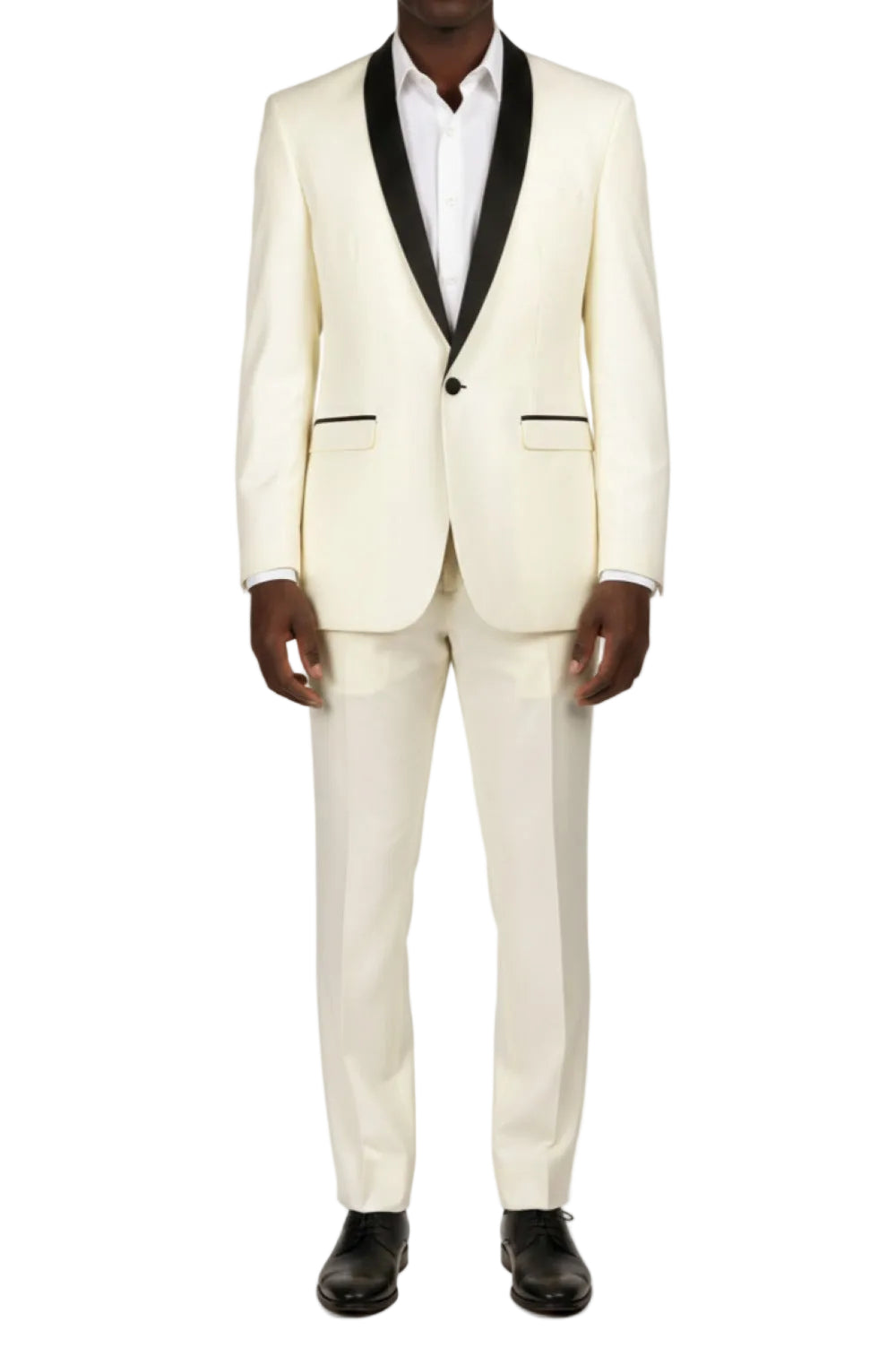 White tuxedo with black lapels on a white background