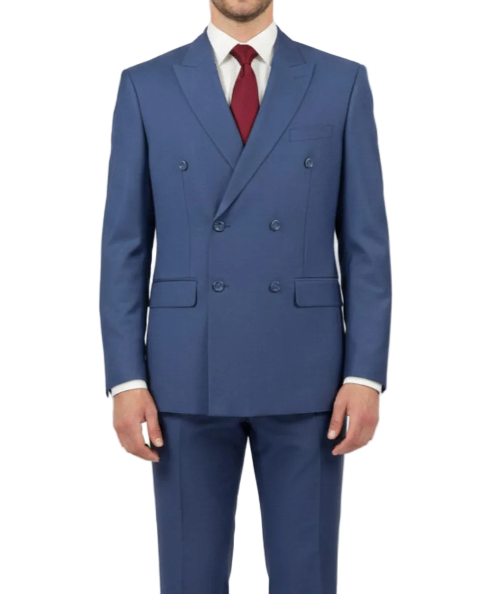 Blue suit with a red tie on a white background