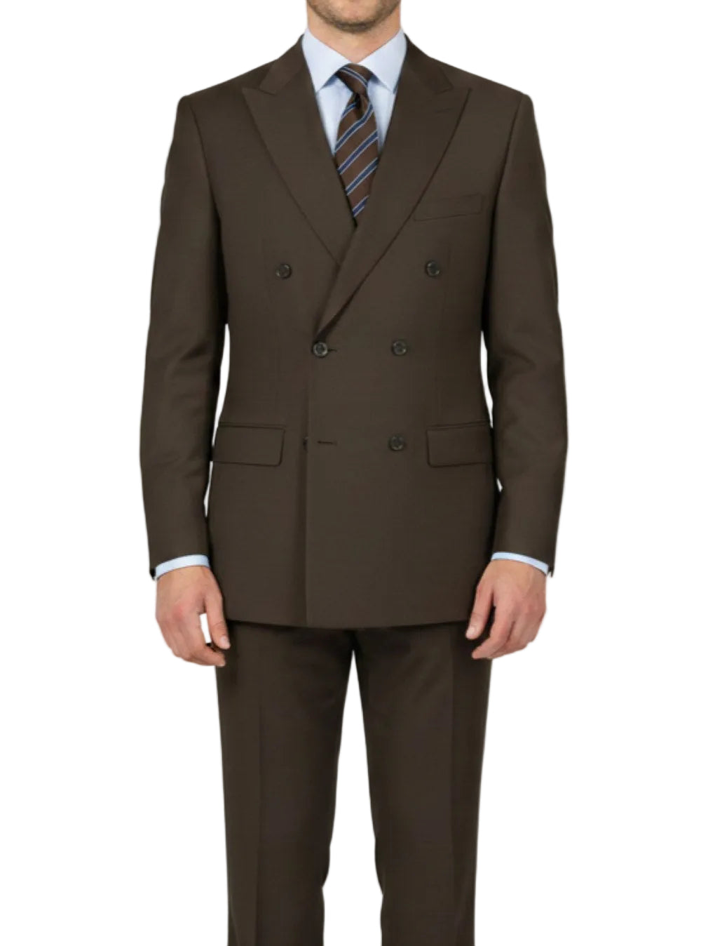 Brown suit with a striped tie on a white background