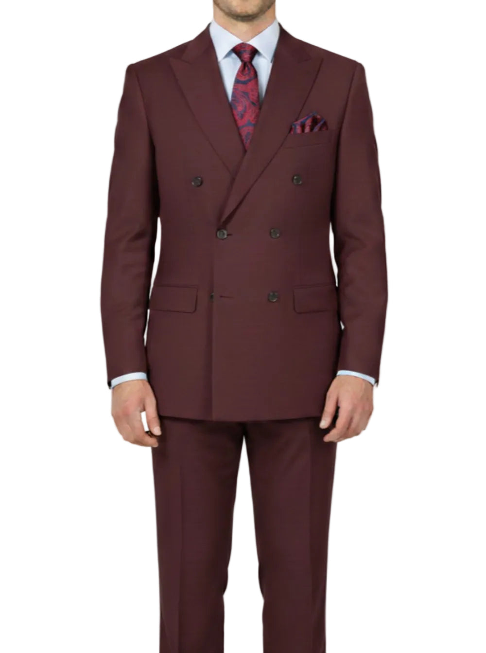 Burgundy suit with a patterned tie on a white background