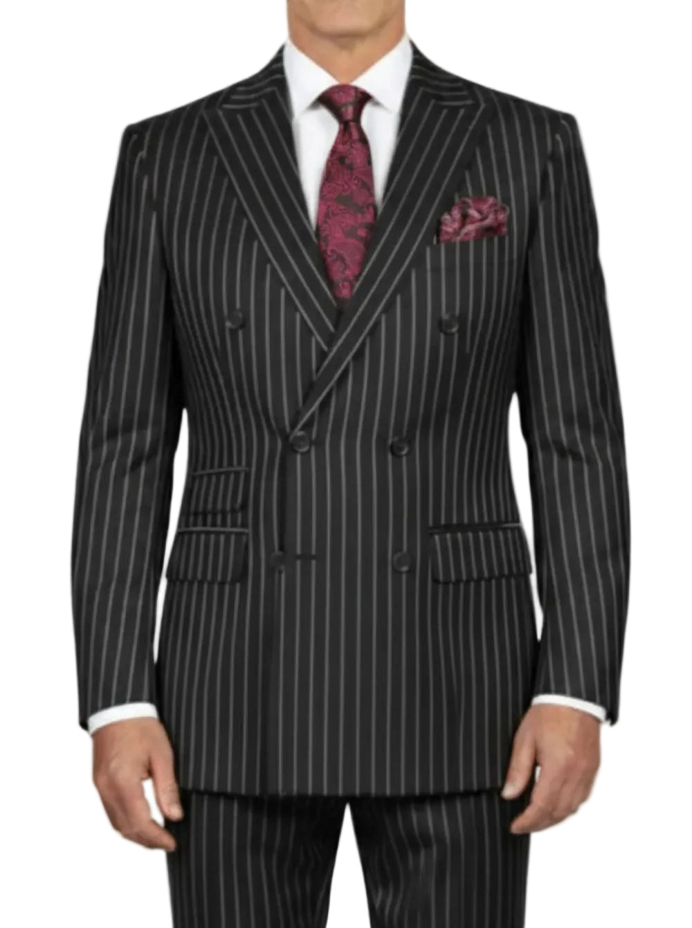 Black pinstripe suit with a red patterned tie and pocket square on a white background