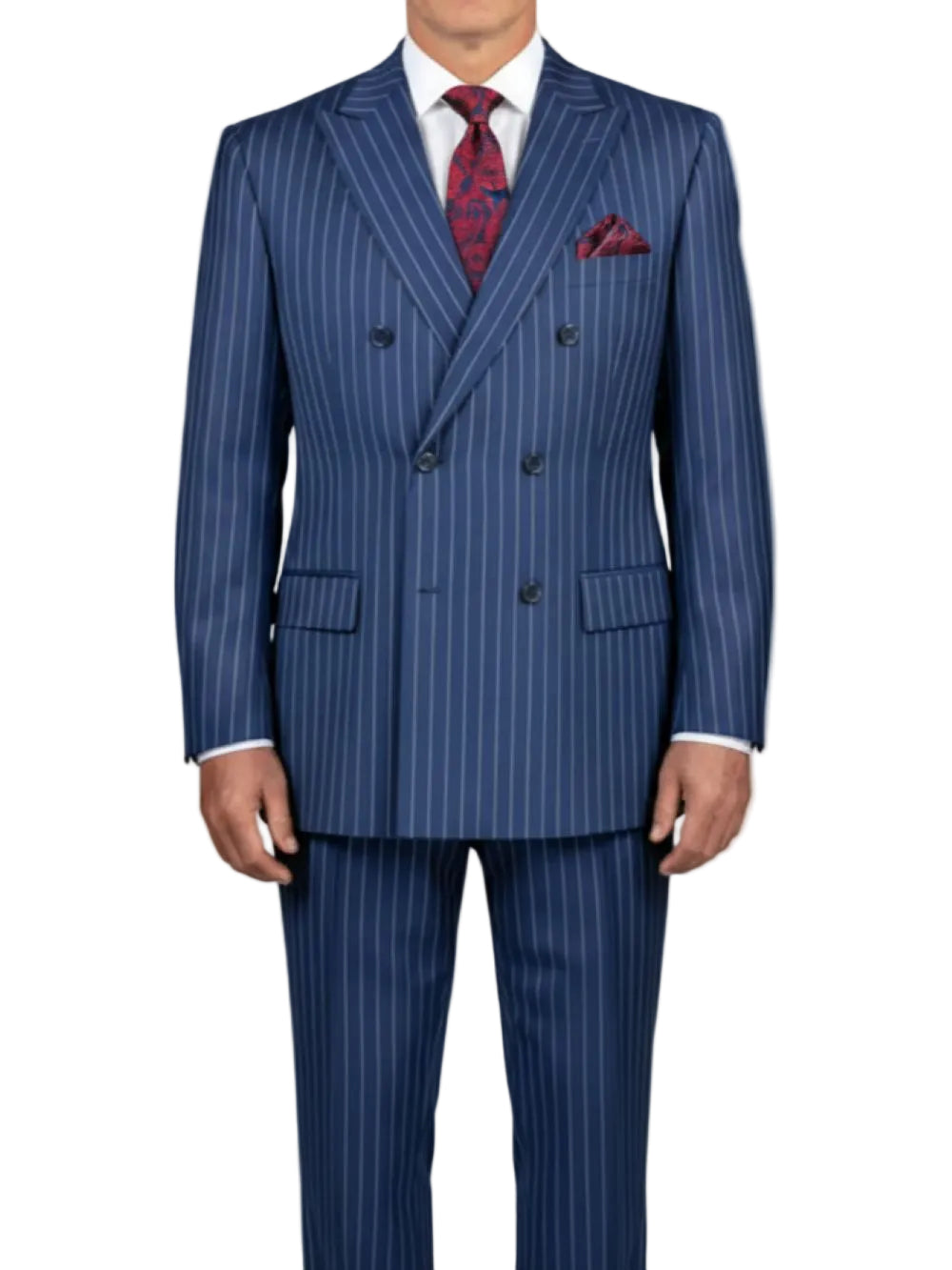 Blue pinstripe suit with a red patterned tie and pocket square on a white background