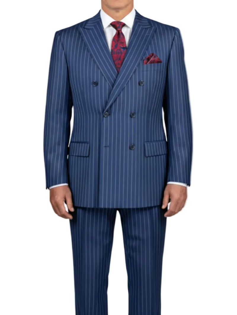 Blue men's regular fit pinstripe double breasted two piece suit with red patterned tie and pocket square