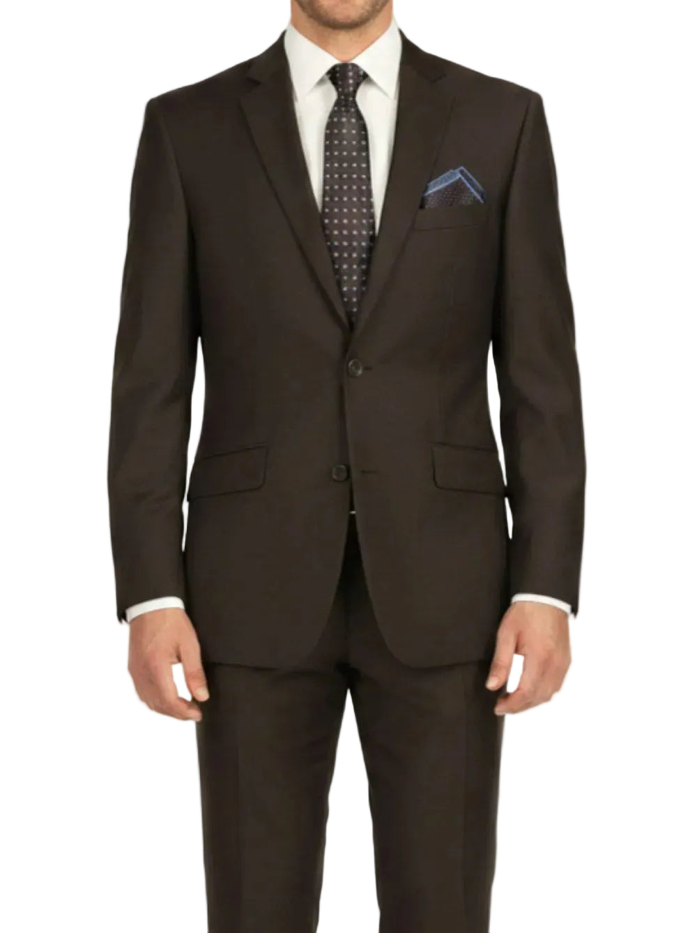 Brown suit with a white shirt, patterned tie, and pocket square on a white background