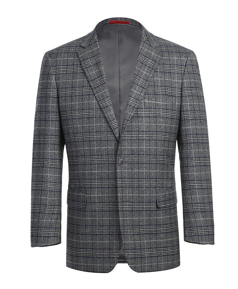 Renoir Classic Regular Fit Blazer Windowpane pattern in gray: close-up of collar, button, pocket on white.