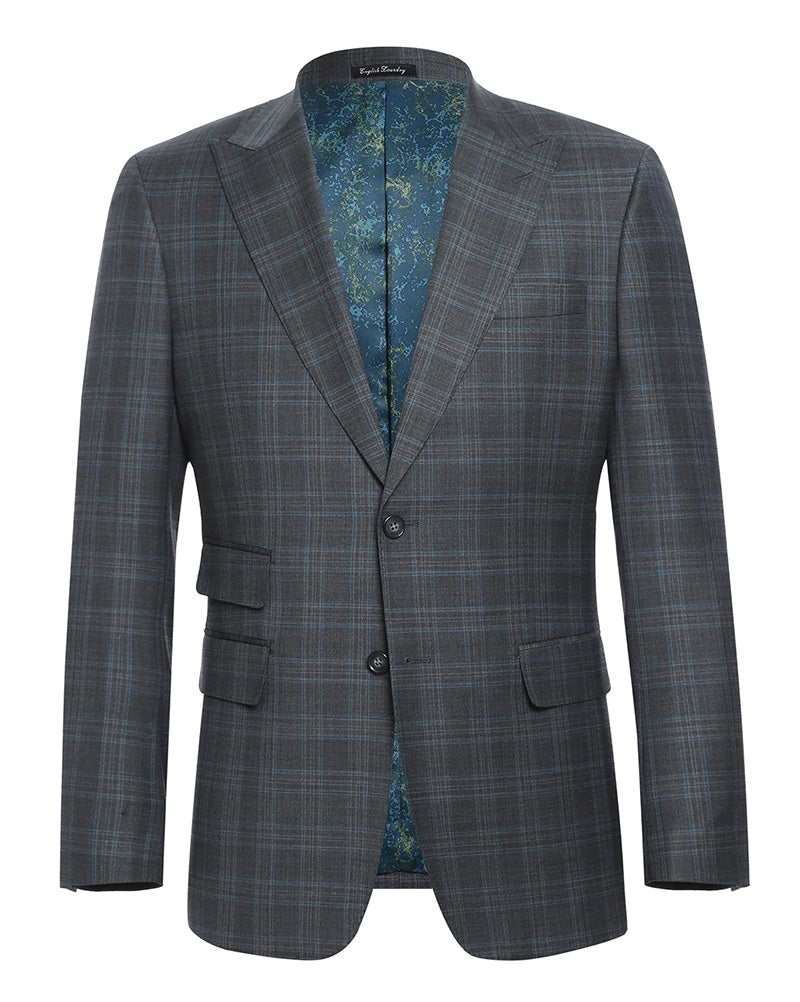 Close-up of the English Laundry Gray Plaid Wool Blend Slim Fit Dress Suit jacket collar on a white background.