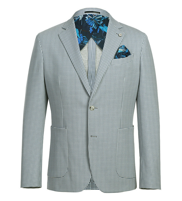 Blazer coupe slim en demi-toile à carreaux bleu sauge