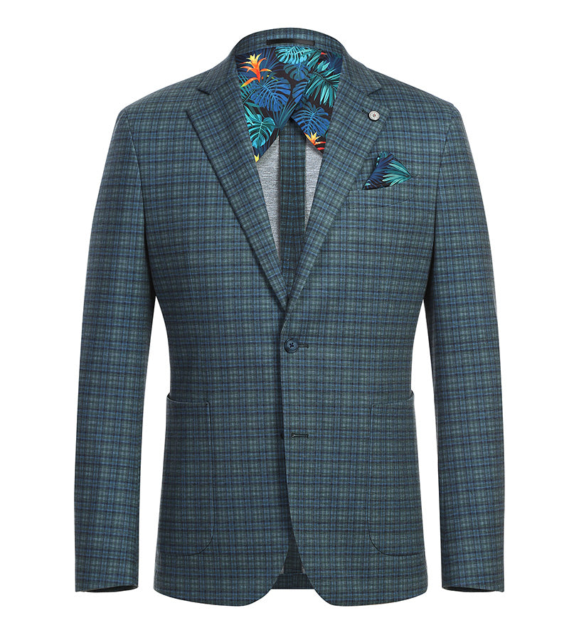 Blazer de corte slim de media lona a cuadros verdes y azules