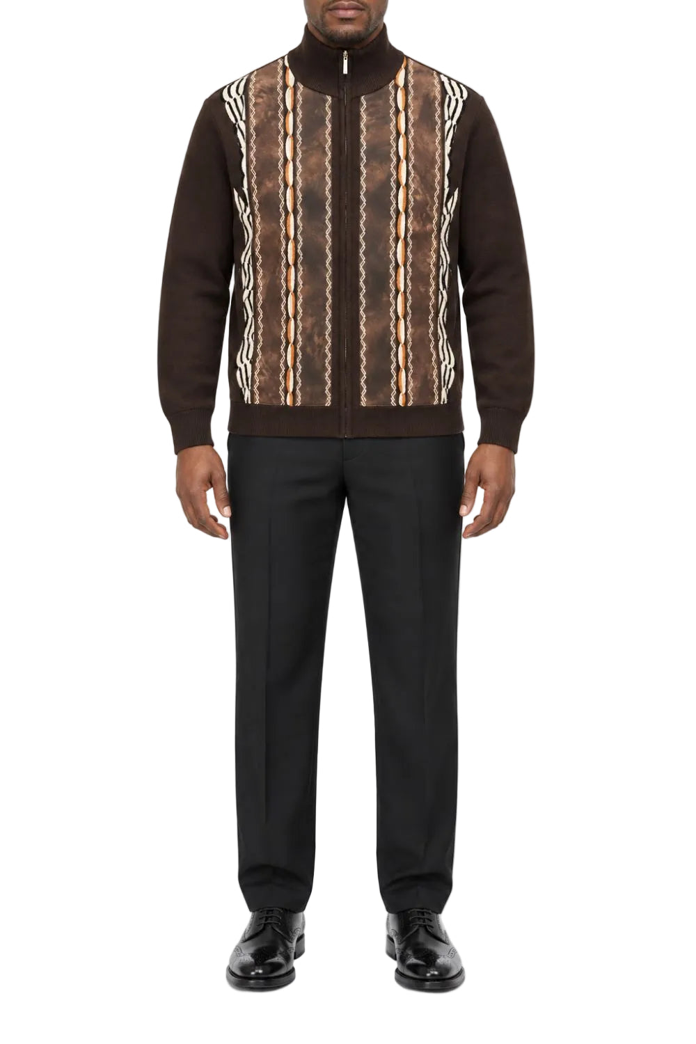 Brown men's full zip sweater with multicolor textured vertical panels and suede accents