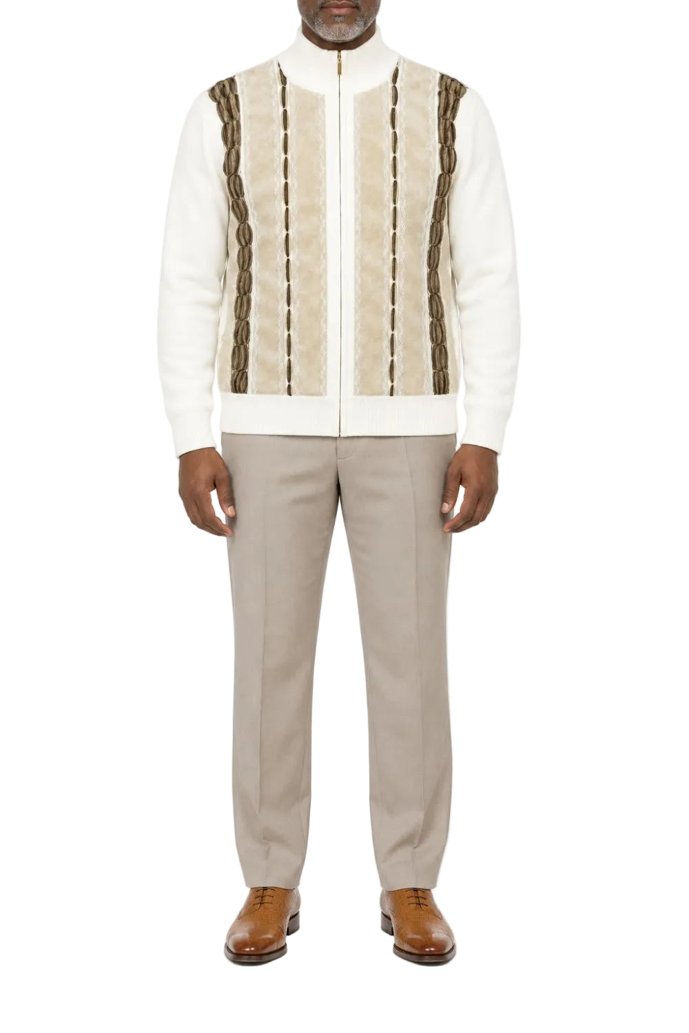 Cream men's full zip sweater with textured vertical panels and suede accents