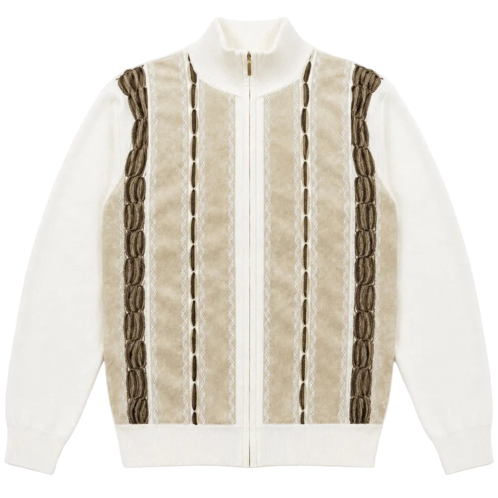 Cream Suede Embroidered Full-Zip Sweater