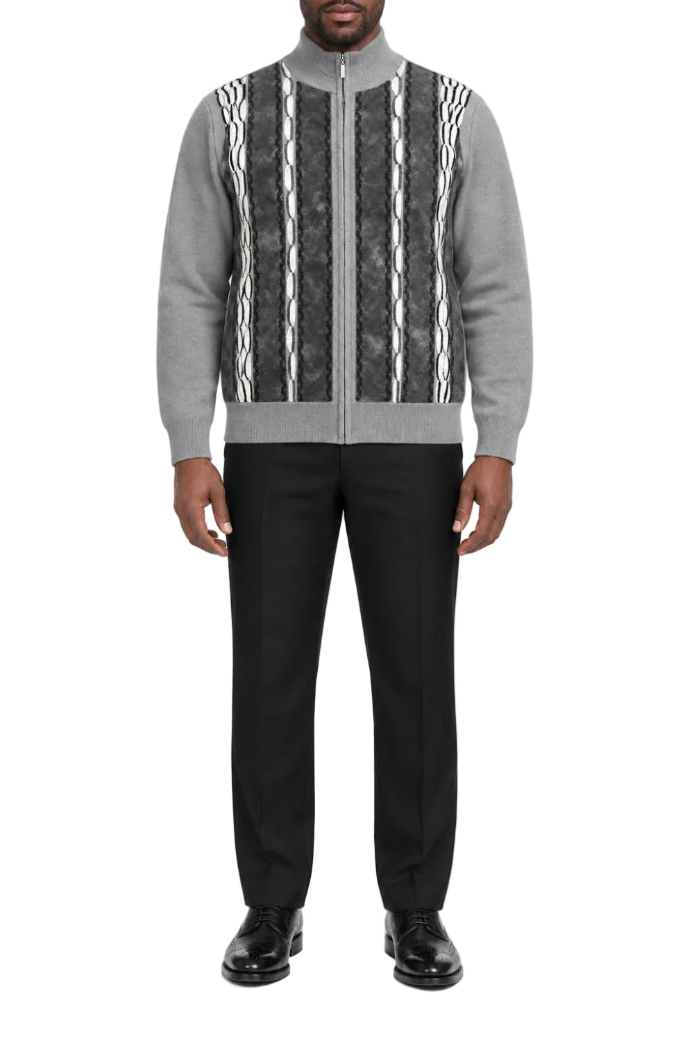 Gray men's full zip sweater with black and white textured vertical front panels