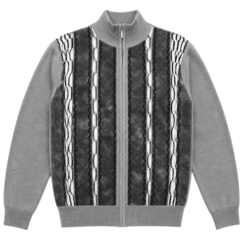 Gray Suede Embroidered Full-Zip Sweater