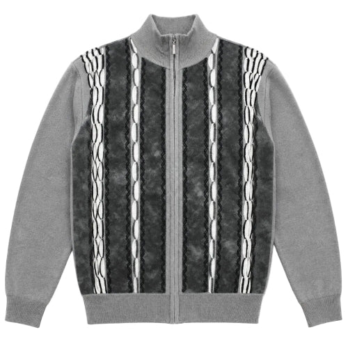 Gray men's full zip sweater with suede accents and embroidered detailing