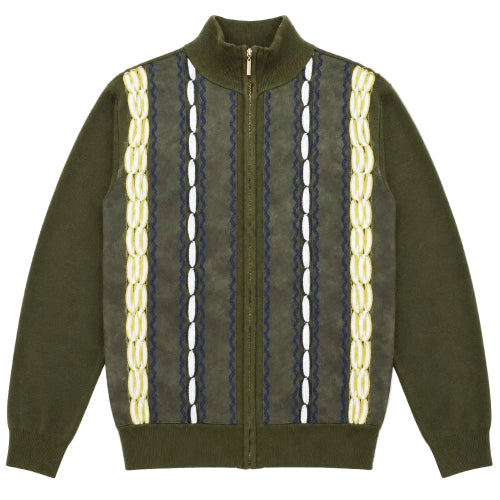Olive men's full zip sweater with suede accents and embroidered detailing